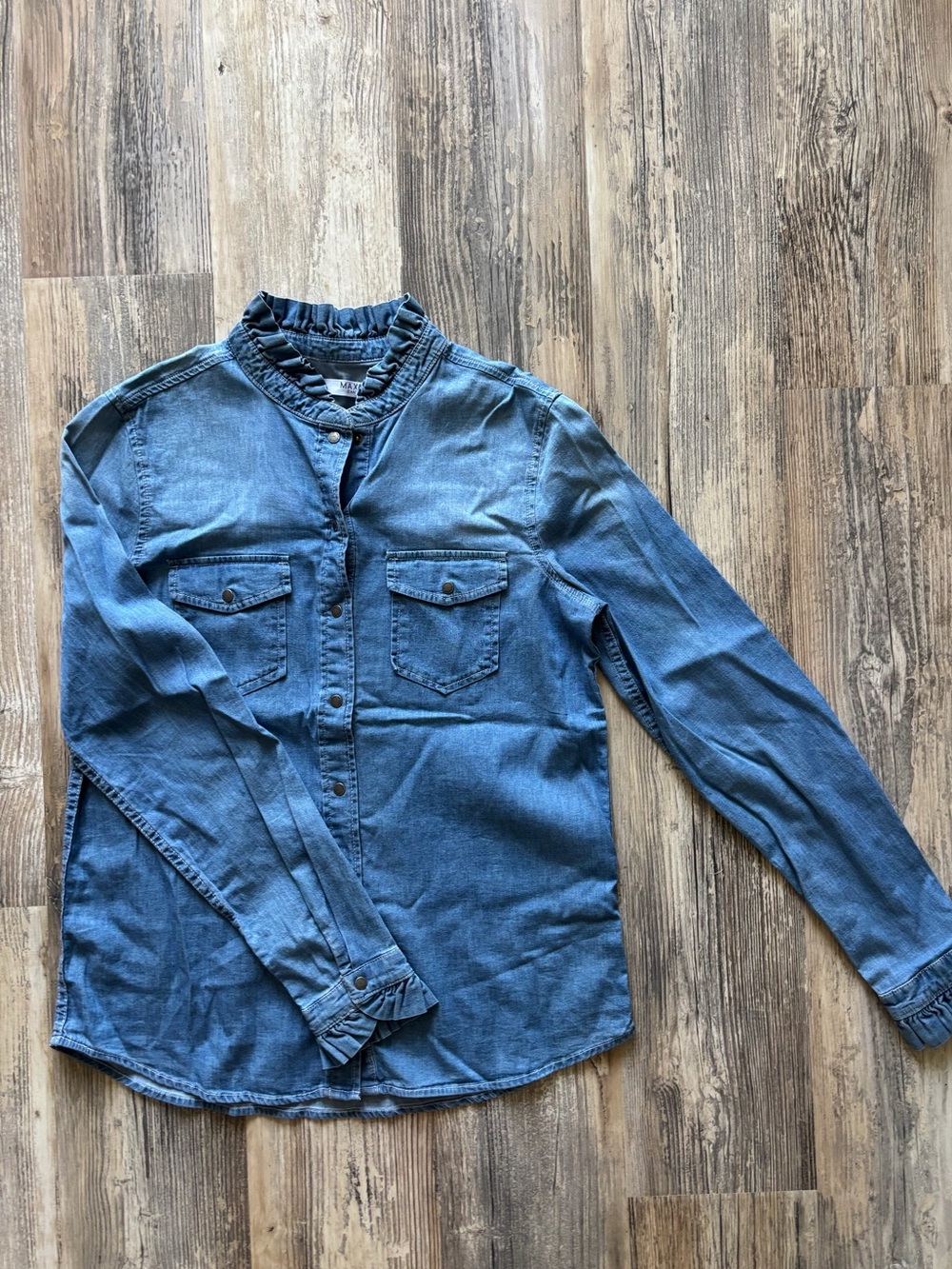 Max Jeans Blue Denim Ruffle Collar Button-Up Top